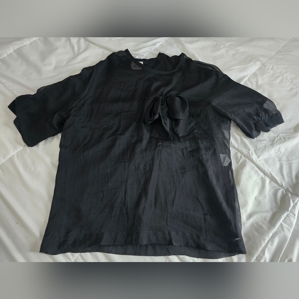 Alysi Blouse - Italian Black Silk Bow Tie Sheer Designer - Picture 2 of 10